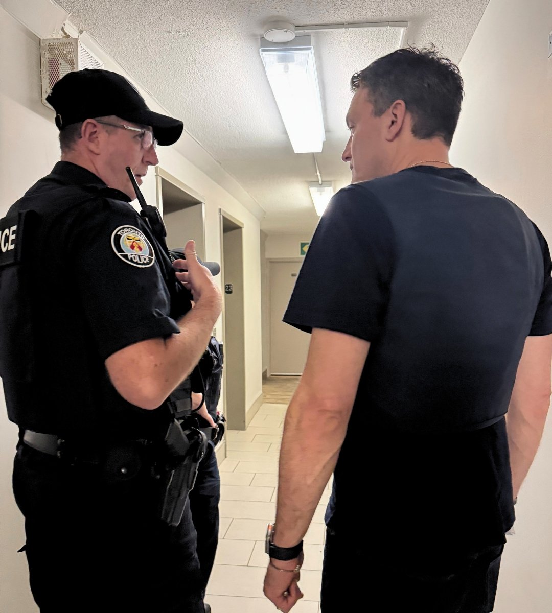 Evan Solomon speaking with community members at a local facility